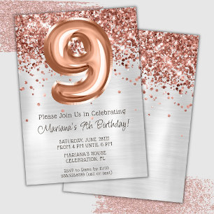 Invitation à une fête d'anniversaire de 9 ans Rose