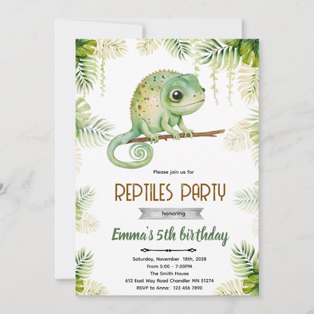 Invitation à une fête d'anniversaire de caméléon (Devant)