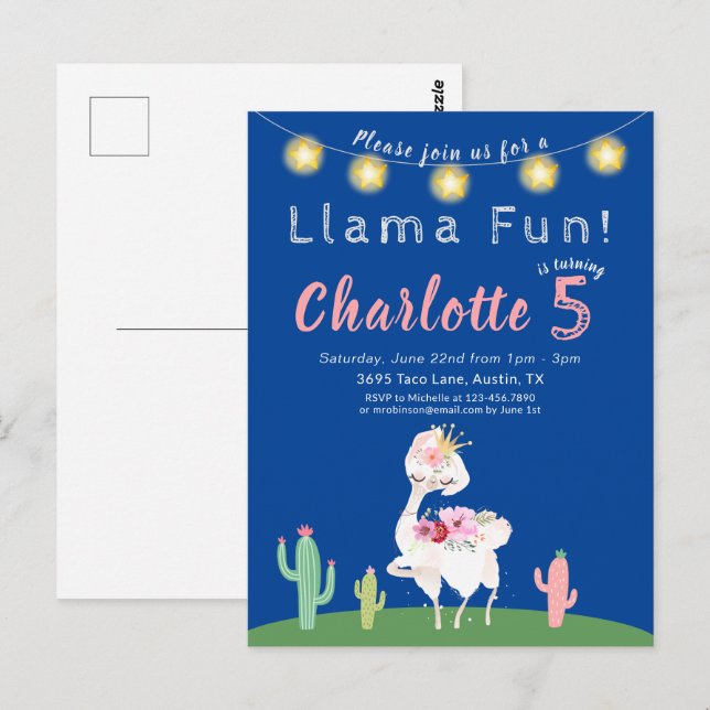 Invitation à une fête d'anniversaire Fun Blue Llam (Devant / Derrière)