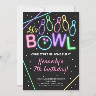 Invitation à une fête d'anniversaire Glow Bowling 
