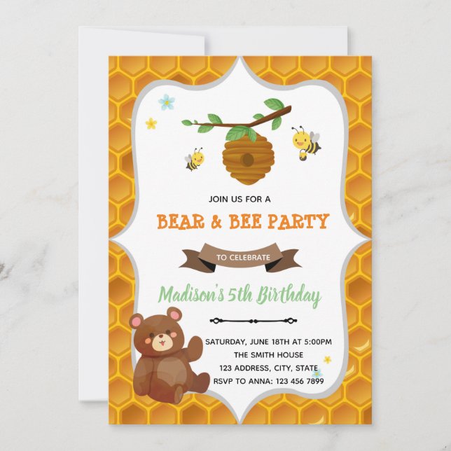 Invitation à une fête d'anniversaire ours et abeil (Devant)