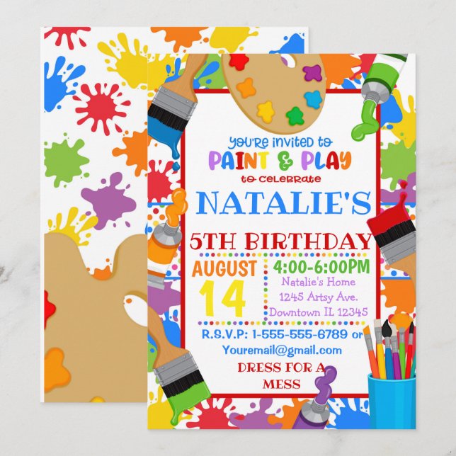 Invitation à une fête d'anniversaire peinture arti (Devant / Derrière)
