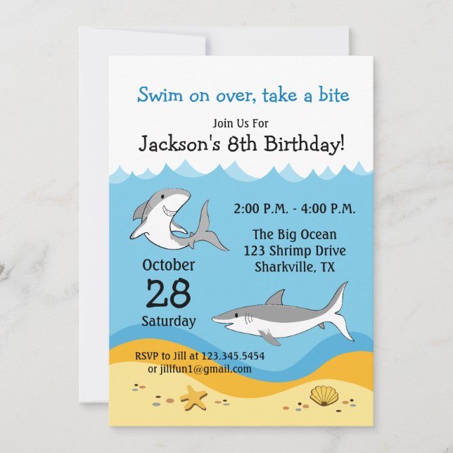 Invitation à une fête d'anniversaire requin (Devant)