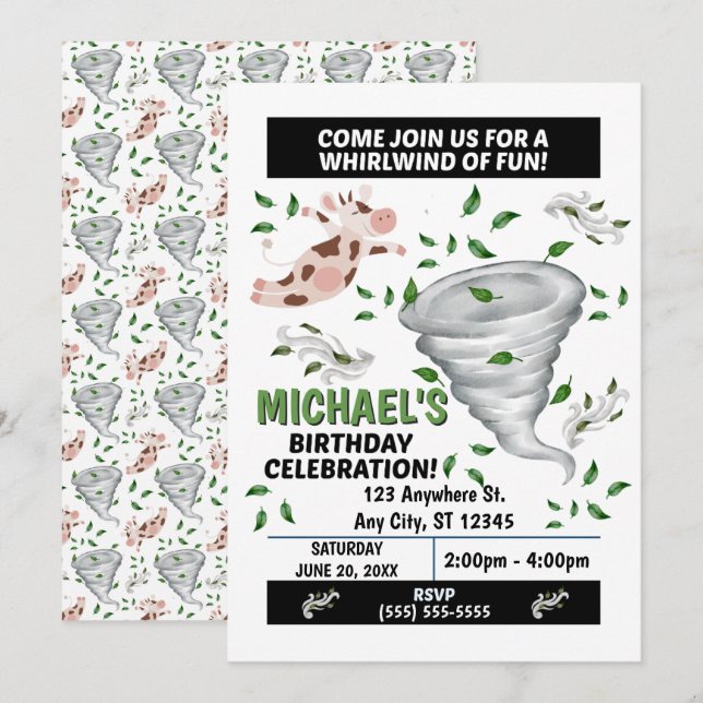 Invitation à une fête d'anniversaire Tornade (Devant / Derrière)
