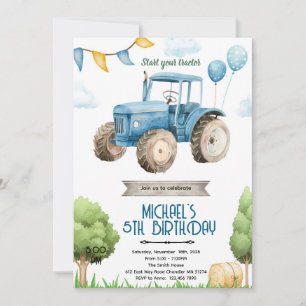 Invitation à une fête d'anniversaire tracteur bleu