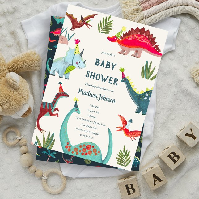 Invitation à une fête de baby shower pour garçon a (Dinosaur blue baby shower party invitation)
