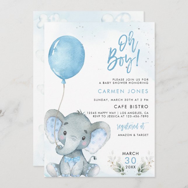 Invitation à une fête de bébé éléphant avec ballon (Devant / Derrière)