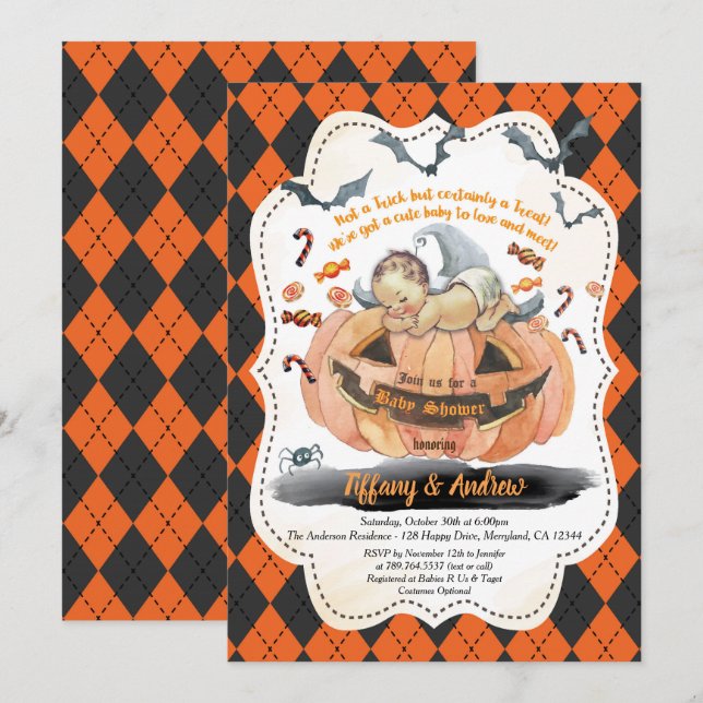 Invitation à une fête de bébé garçon Halloween. Ga (Devant / Derrière)
