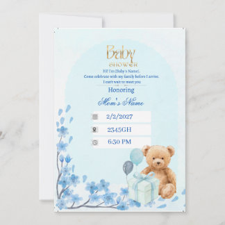 Invitation à une fête de bébé | Ourson Teddy Bleu