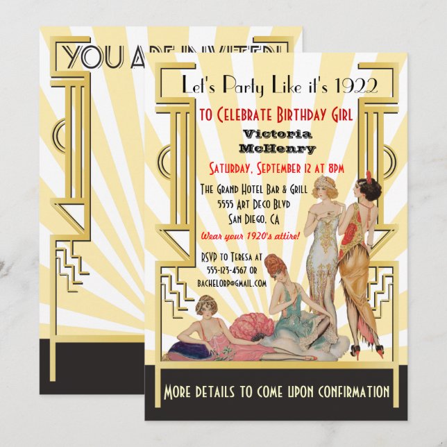 Invitation à une fête de filles Art Déco Flapper (Devant / Derrière)
