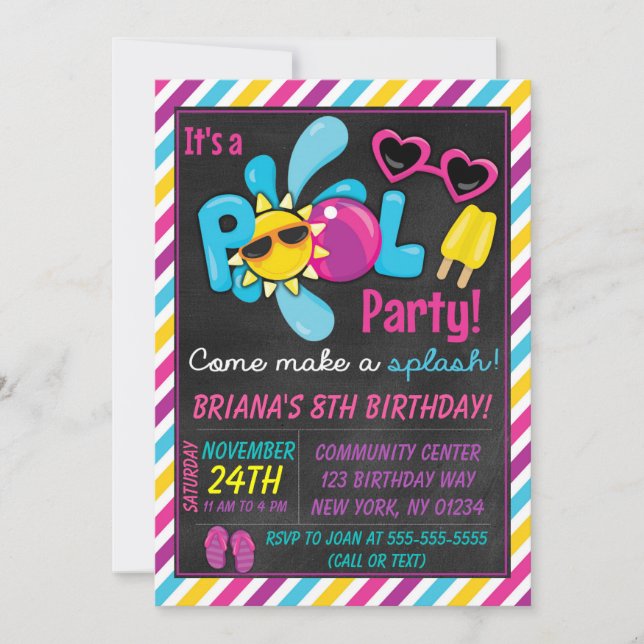 Invitation à une fête de piscine pour une fille (Devant)