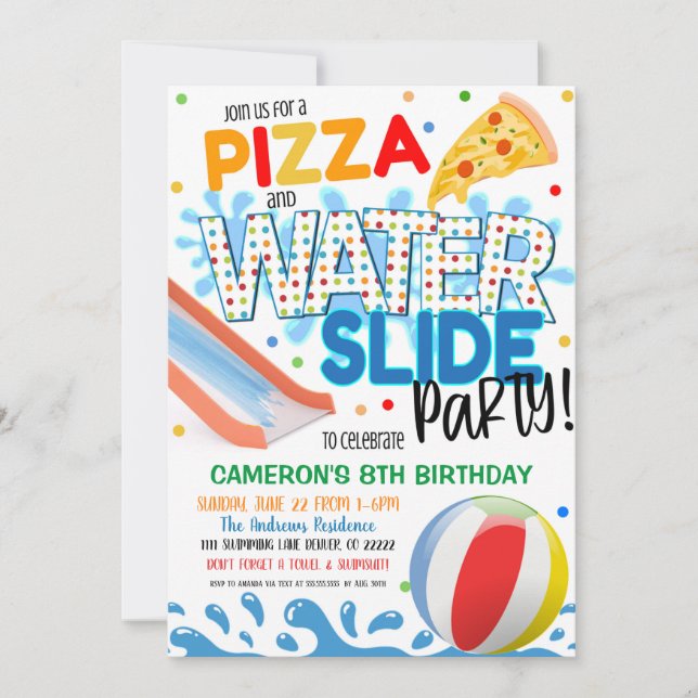 Invitation à une fête de pizza et de toboggan aqua (Devant)