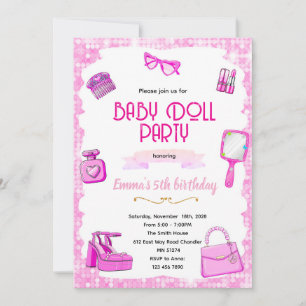 Invitation à une fête de poupée rose