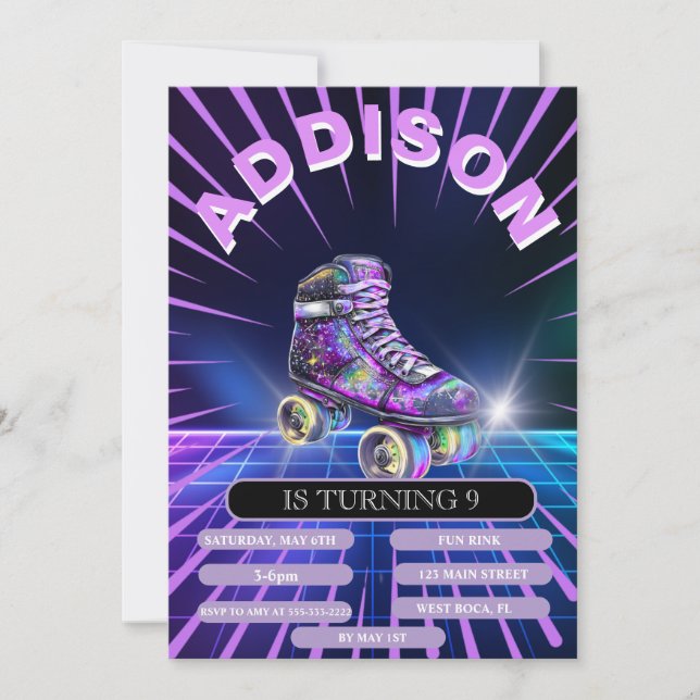 Invitation à une fête de roller en néon (Devant)