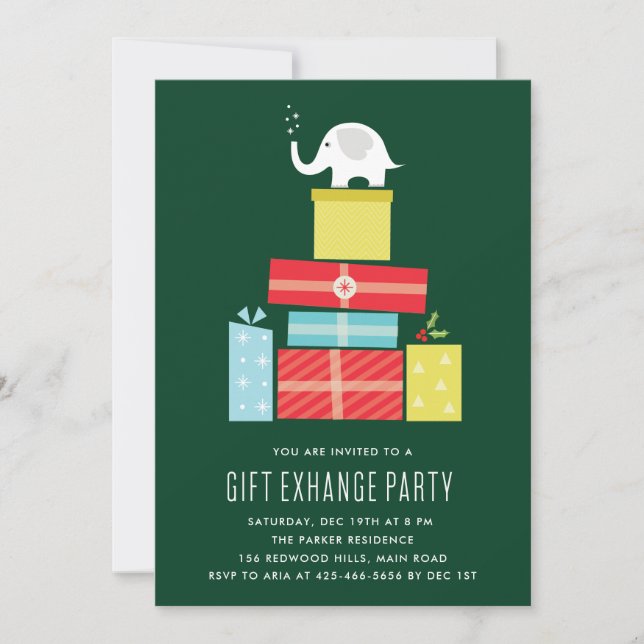 Invitation à une fête d'échange de cadeaux éléphan (Devant)