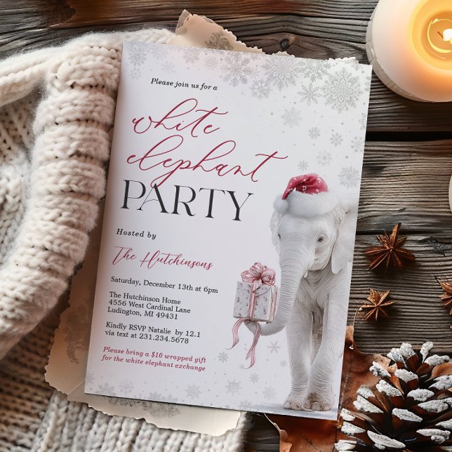 Invitation à une fête d'échange de cadeaux éléphan (White Elephant Gift Exchange Party Invite)