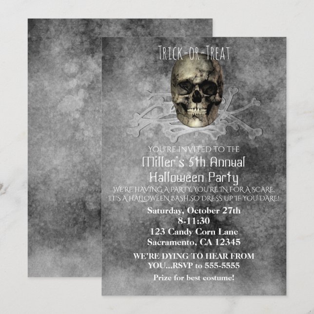 Invitation à une fête d'Halloween avec crâne et ta (Devant / Derrière)
