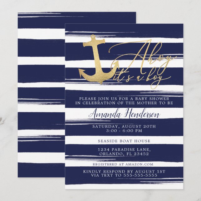 Invitation à une fête prénatale nautique Ahoy C'es (Devant / Derrière)