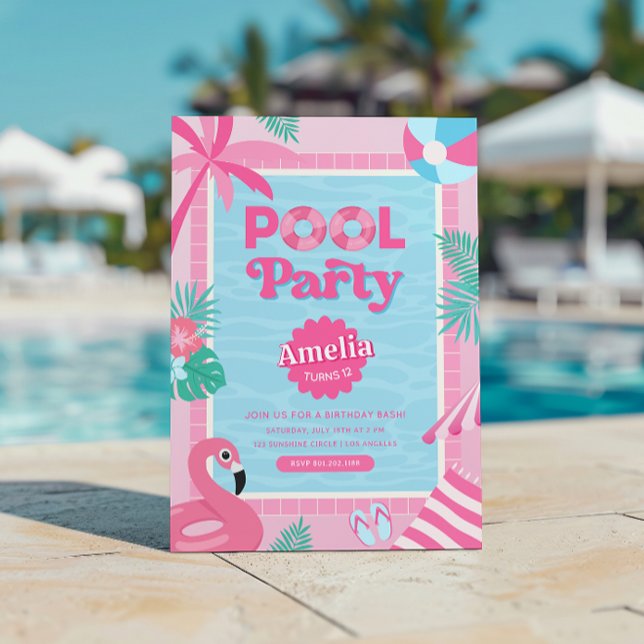 Invitation à une fête tropicale girly rose au bord (Créateur téléchargé)