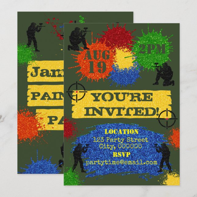 Invitation à une partie de paintball pailletée (Devant / Derrière)