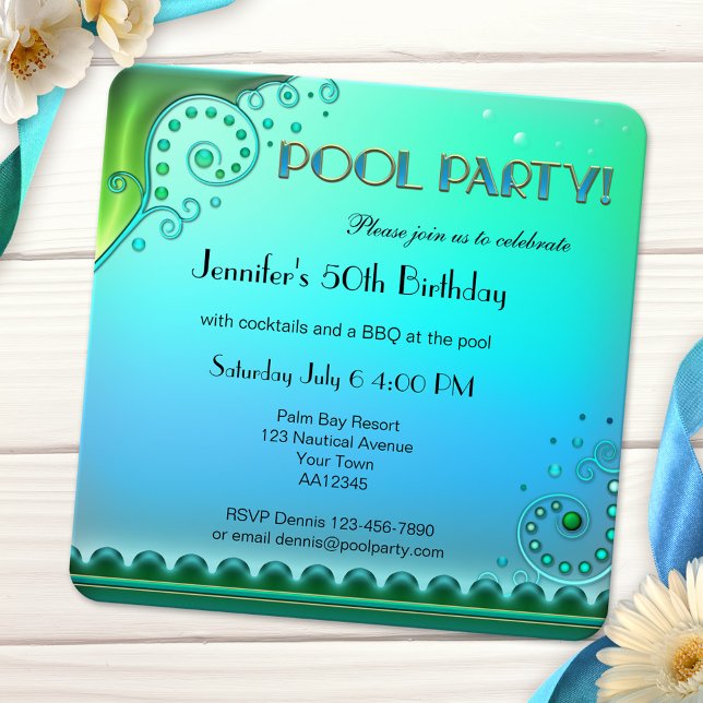 Invitation à une soirée aquatique élégante (Fancy artistic teal green adult pool party invitation)