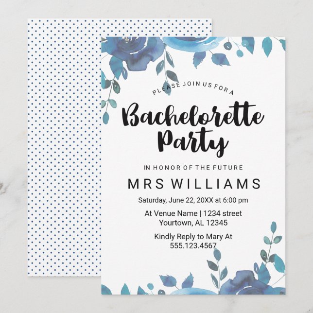Invitation à une soirée Bachelorette Bleue (Devant / Derrière)