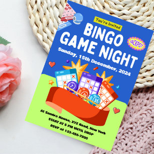 Invitation à une soirée de bingo ludique bleu et v