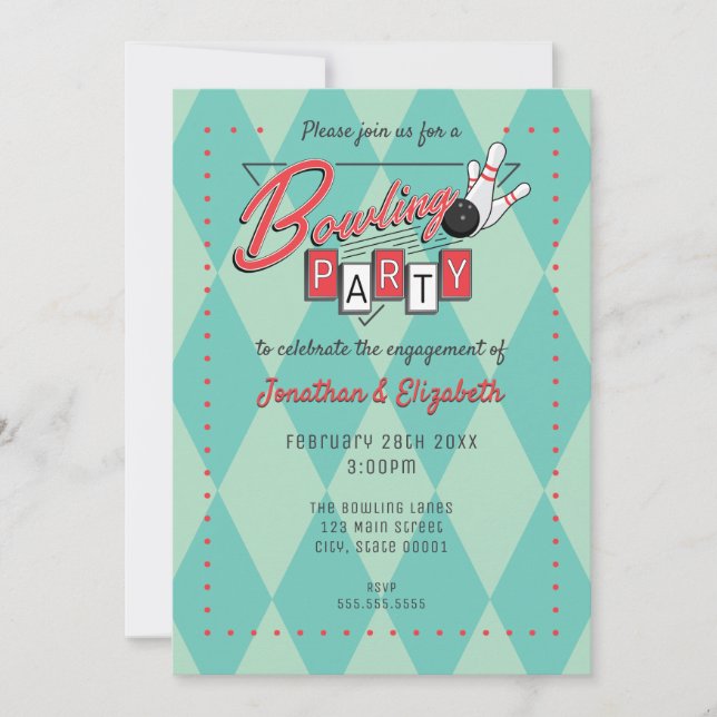 Invitation à une soirée de bowling avec logo rétro (Devant)