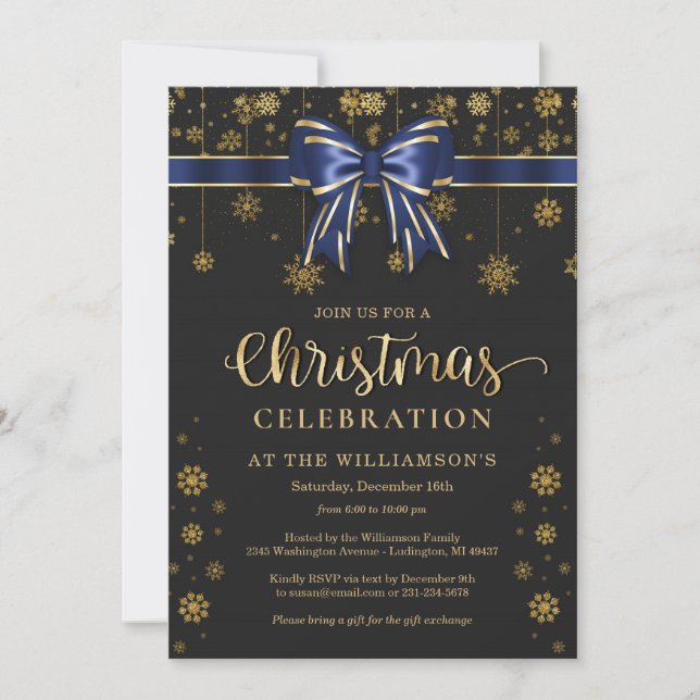 Invitation à une soirée de Noël bleu marine et or (Devant)