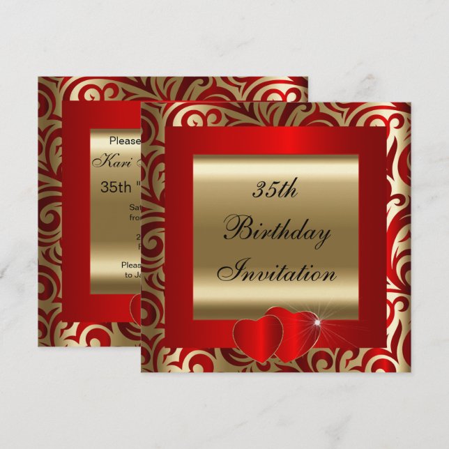 Invitation à une soirée élégante Red & Gold Swirls (Devant / Derrière)