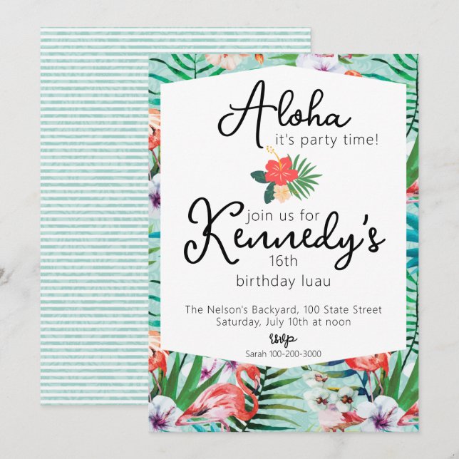 Invitation à une soirée Luau | Flamants roses & Pa (Devant / Derrière)