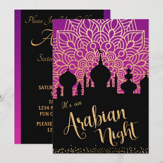 Invitation à une soirée Nuit Arabe violette et noi (Devant / Derrière)