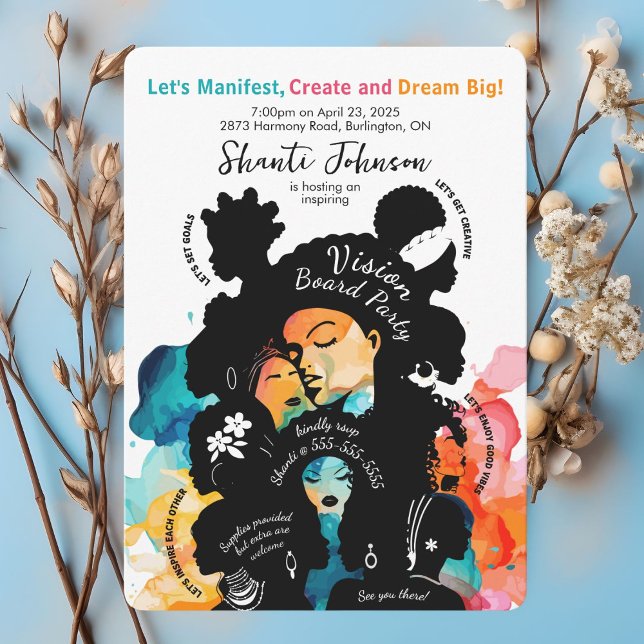 Invitation à une soirée tableau de visualisation (Bold, colorful vision board party invitation celebrating unity and empowerment.)