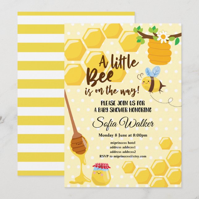 Invitation abeille, abeille miel, peigne de miel, baby shower (Devant / Derrière)