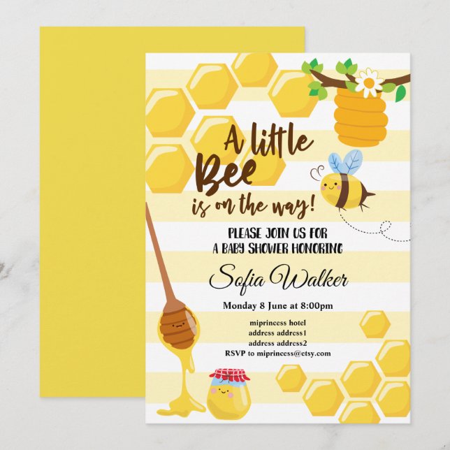 Invitation abeille, abeille miel, peigne de miel, baby shower (Devant / Derrière)