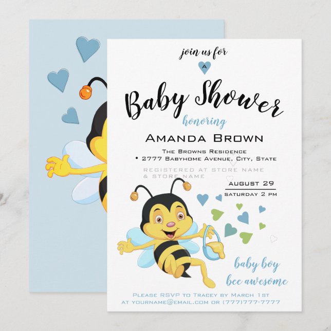 Invitation Abeille Bébé Magnifique Douche garçon | (Devant / Derrière)