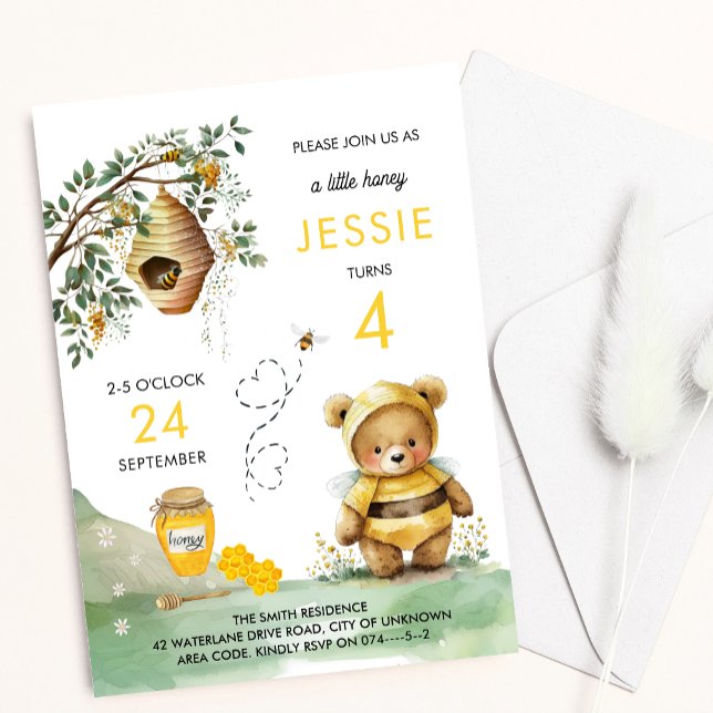 Invitation Abeille de miel et Anniversaire de enfant d'aquare (Créateur téléchargé)