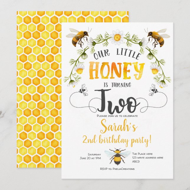 Invitation Abeille, fille, 2e anniversaire, Petit Miel, BUmbl (Devant / Derrière)