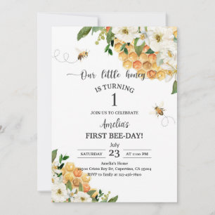 Invitation Abeille jaune Fleur blanche 1er anniversaire
