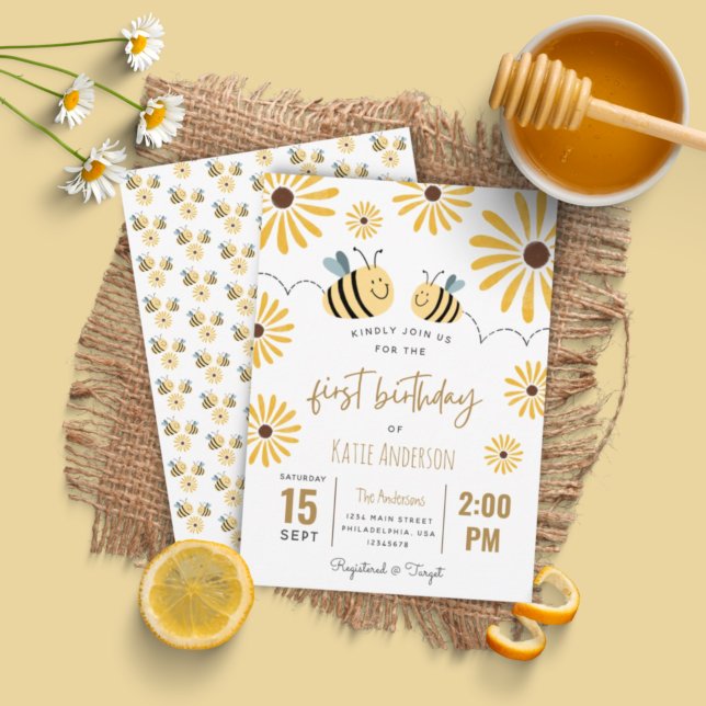 Invitation Abeille jaune mignonne et tournesol premier annive (Créateur téléchargé)