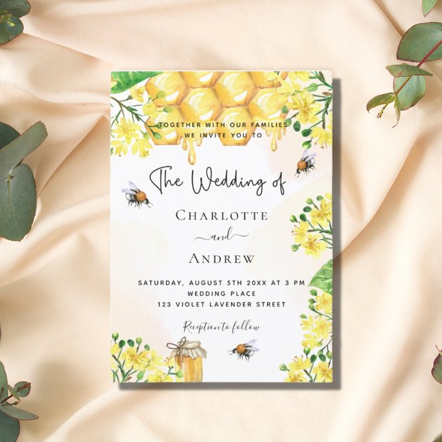 Invitation abeilles mariages florales jaunes nid d'abeilles (Créateur téléchargé)