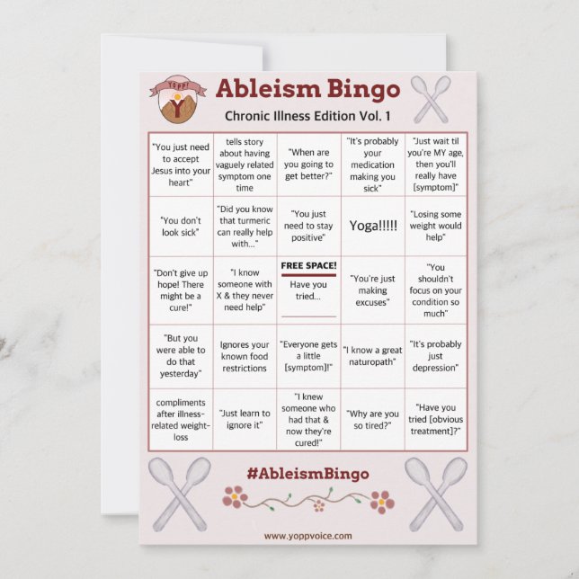 Invitation Ableism Bingo Card Chronic Malness Edition Vol. 1 (Devant)