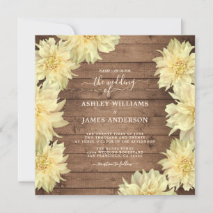 Invitation Abondante Fleur Jaune Dahlia Mariage en bois rusti
