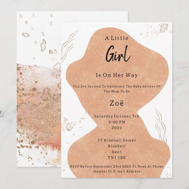 Invitation Abstract Pink Shapes And Elements Sweet Baby Girl (Devant / Derrière)