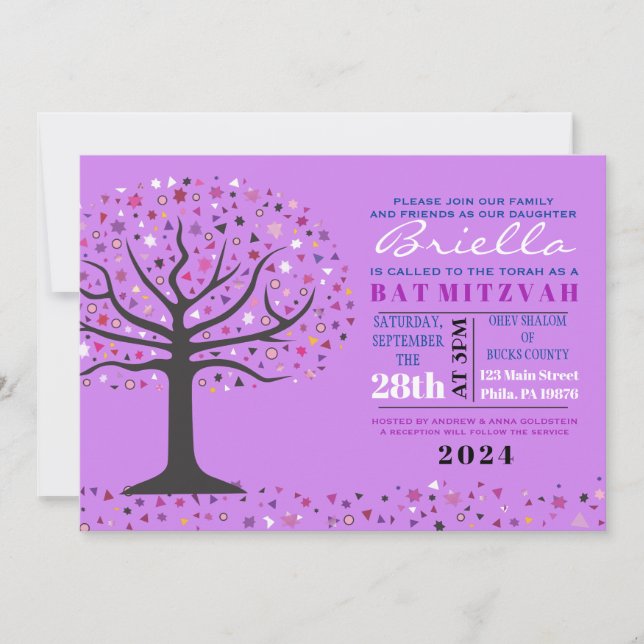 Invitation Abstrait Arbre de vie Bat mitzvah violet Invitatio (Devant)