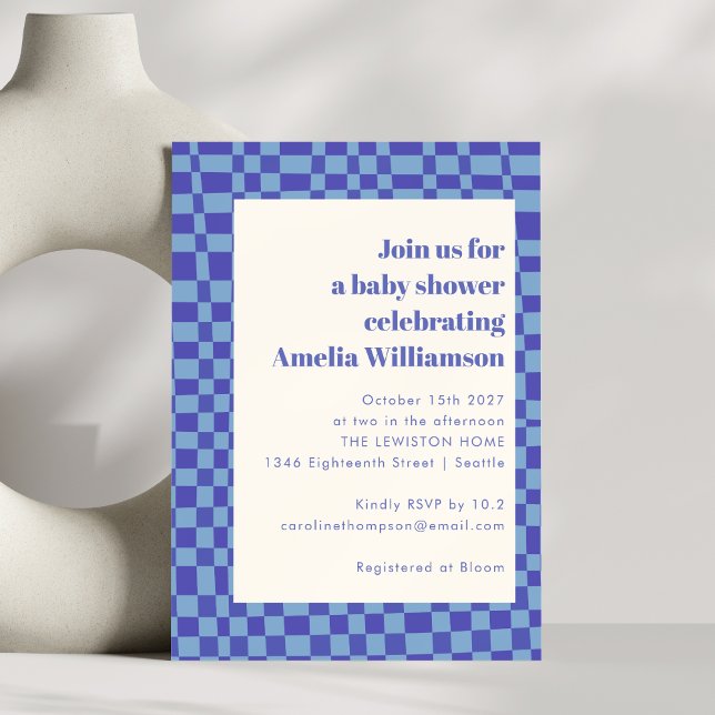 Invitation Abstrait Baby shower Art Blue Retro À damiers (Créateur téléchargé)