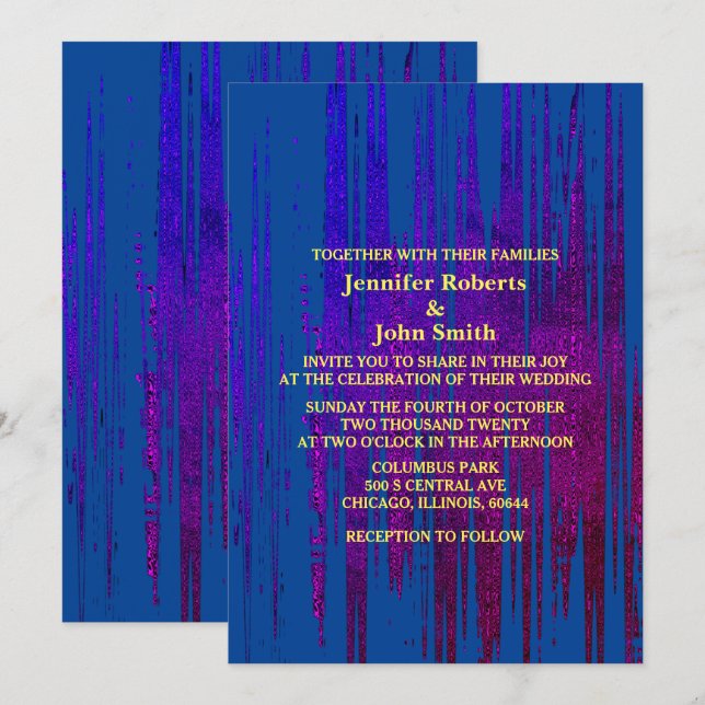 Invitation Abstrait Bleu Jaune Violet Artsy Mariage élégant (Devant / Derrière)