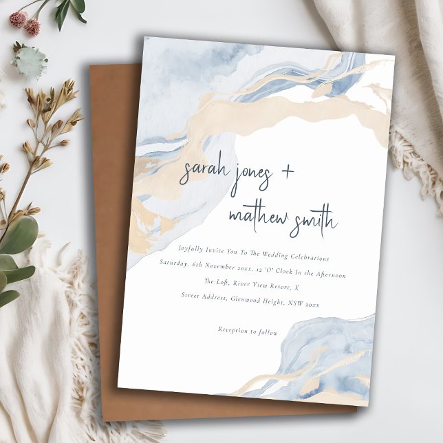 Invitation Abstrait Blue Beige Sea Waves Sand Beach Wedding (Créateur téléchargé)