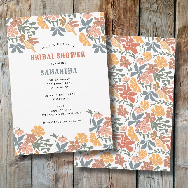 Invitation Abstrait Floral & Oiseaux Fête des mariées du mili (Abstract Floral & Birds Mid Century Bridal Shower Invitation)