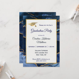 Invitation Abstrait Marine Blue Agate Gold Casquette Graduati